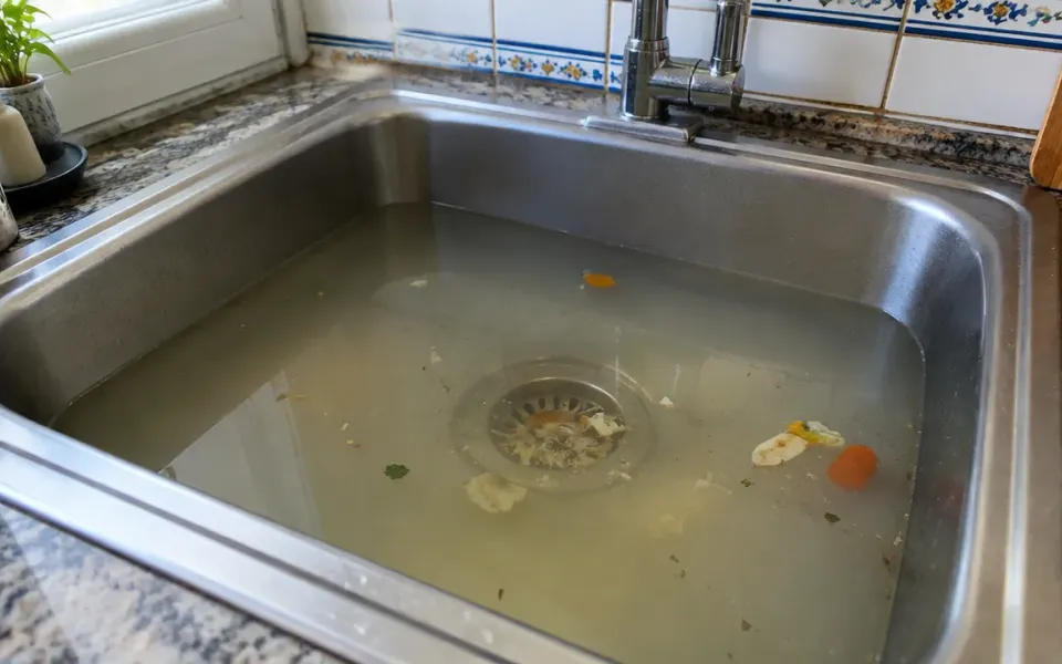 Fregadero de acero lleno de agua que no desagua