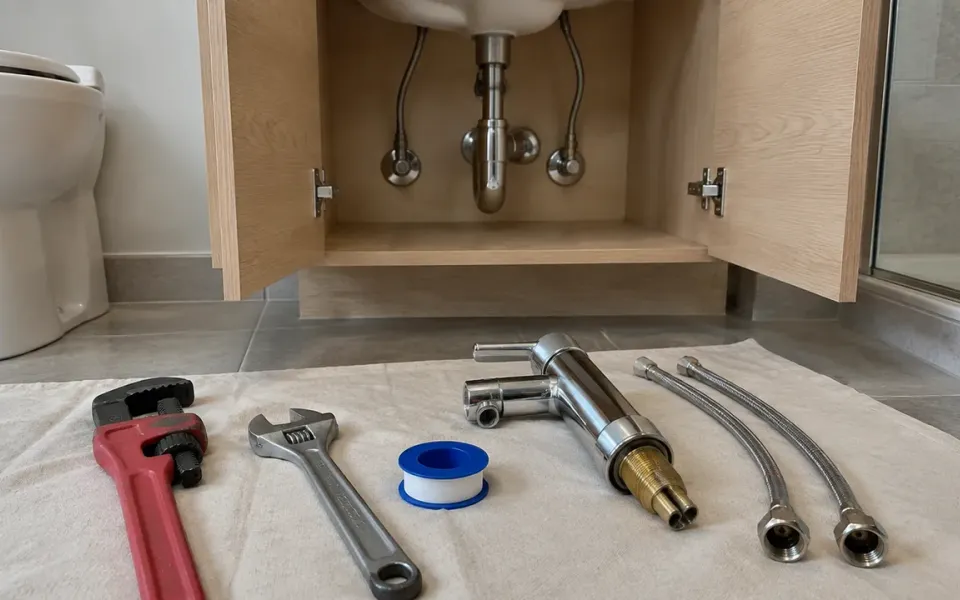 Herramientas de fontanería y grifo nuevo junto a un mueble de baño abierto